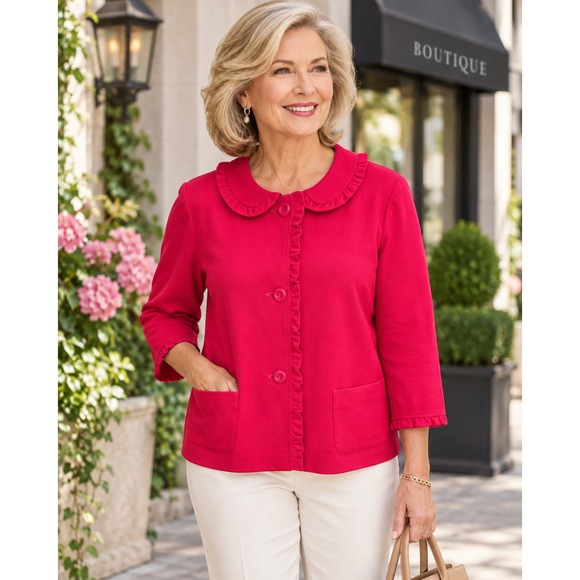 Talbots Jackets & Blazers - Talbots Ruffle Trim Peter Pan Collar Button Front Jacket Fuchsia Plus Size 16